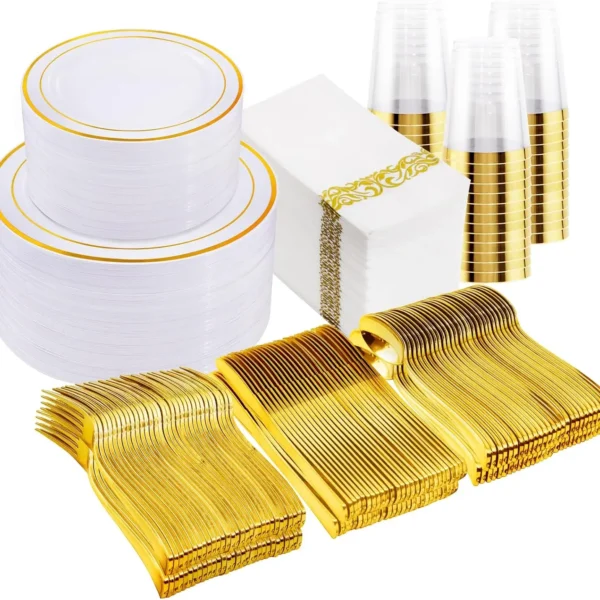 350PCS Gold Plastic Plates - Gold Plastic Dinnerware Sets for 50 Guests, 100 Disposable Plates, 150 Silverware, 50 Cups Napkins