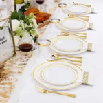 350PCS Gold Plastic Plates - Gold Plastic Dinnerware Sets for 50 Guests, 100 Disposable Plates, 150 Silverware, 50 Cups Napkins - Image 5
