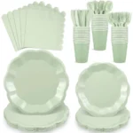 175 Pcs Sage Green Plates and Napkins Set for 25 Guests: Scalloped Disposable Plastic Tableware with Matching Cups Forks and Kn