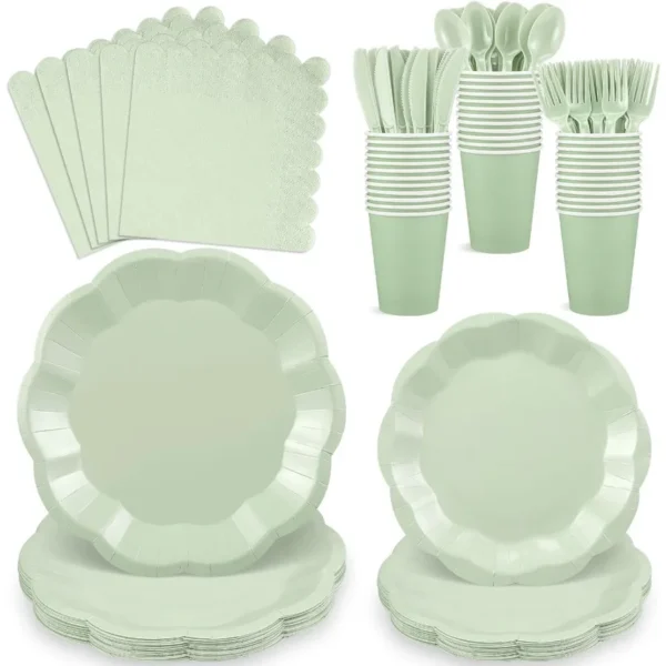 175 Pcs Sage Green Plates and Napkins Set for 25 Guests: Scalloped Disposable Plastic Tableware with Matching Cups Forks and Kn