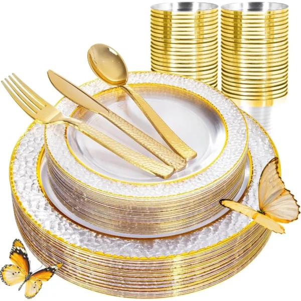 150PCS Clear Gold Plastic Plates Set with Disposable Gold Rim Dinner Plates Dessert Plates Cutlery and Cups for Elegant Wedding