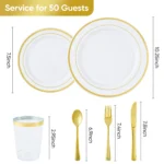 350PCS Gold Plastic Plates - Gold Plastic Dinnerware Sets for 50 Guests, 100 Disposable Plates, 150 Silverware, 50 Cups Napkins - Image 2