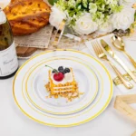 350PCS Gold Plastic Plates - Gold Plastic Dinnerware Sets for 50 Guests, 100 Disposable Plates, 150 Silverware, 50 Cups Napkins - Image 6