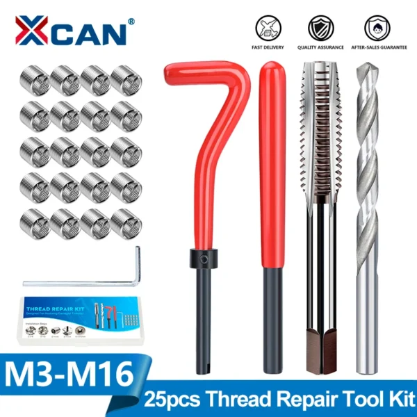 XCAN Thread Repair Tool 25pcs M3/M6/M8/M12/M16 for Restoring Damaged Thread Spanner Wrench Twist Drill Bit Hand Tool
