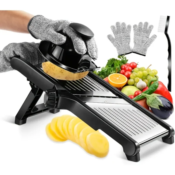 Stainless Steel Mandoline Slicer with 5 Blades & Holder - Safe Hand Guard Food Chopper for Vegetable Fruit, Easy Clean