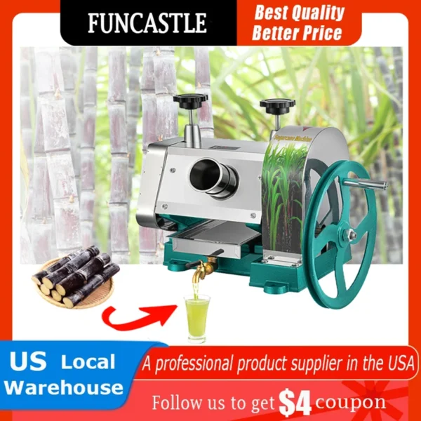 Manual Sugar Cane Juicer Machine Stainless Steel Sugar Cane Juice Press 110LBS Output per Hour 2" Inlet Sugarcane Juice Squeezer