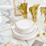 350PCS Gold Plastic Plates - Gold Plastic Dinnerware Sets for 50 Guests, 100 Disposable Plates, 150 Silverware, 50 Cups Napkins - Image 4