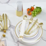 350PCS Gold Plastic Plates - Gold Plastic Dinnerware Sets for 50 Guests, 100 Disposable Plates, 150 Silverware, 50 Cups Napkins - Image 3