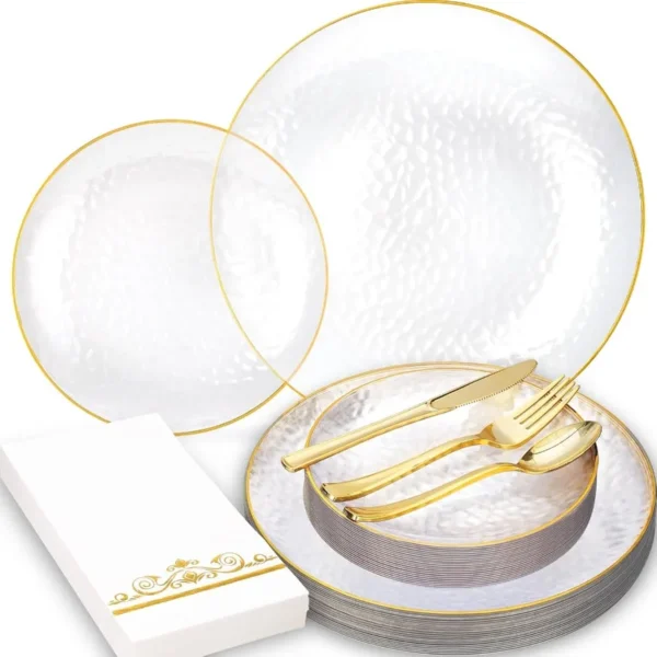 150 Pcs Plastic Dinnerware Set Disposable for 25 Guests Clear Plates with Gold Trim Ideal for Elegant Party Wedding Birthday Ce
